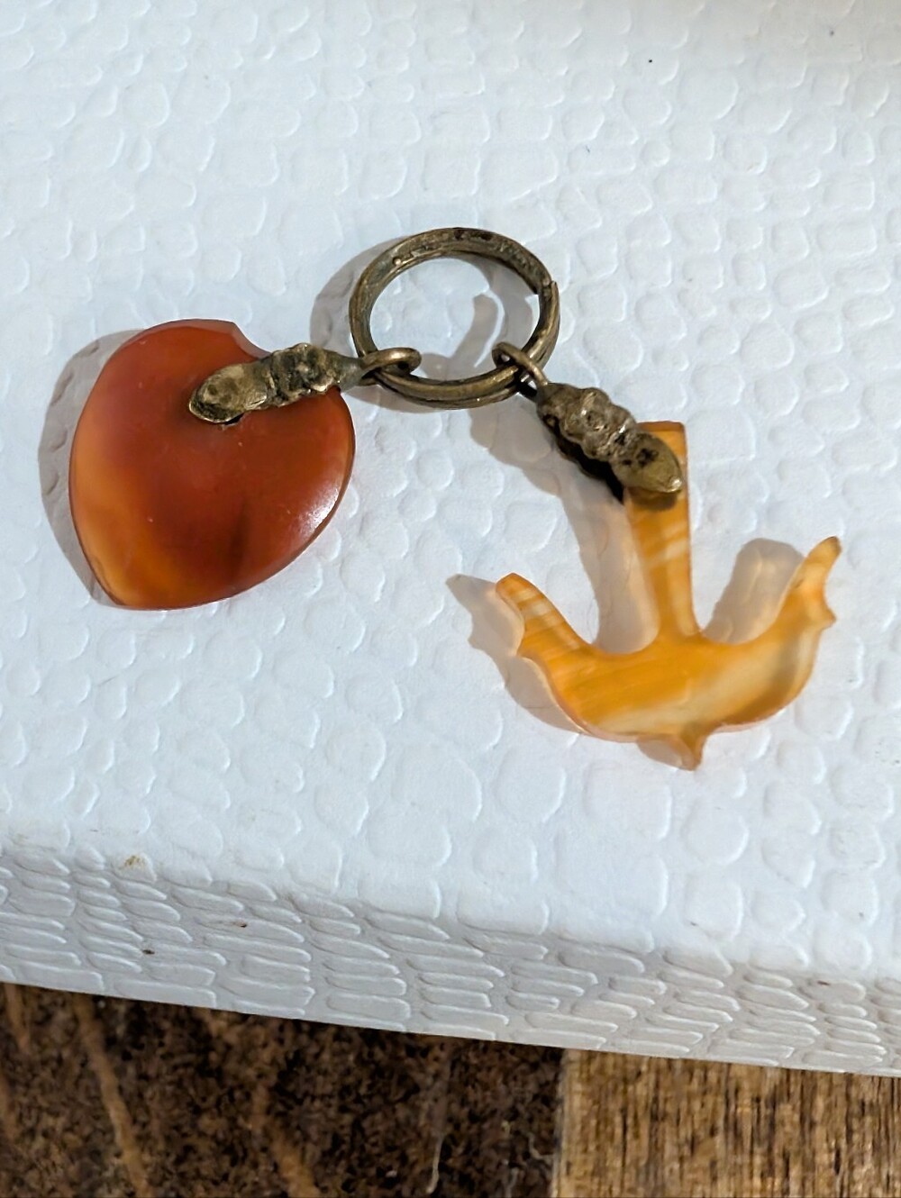 Antique Victorian Carnelian Agate Double Fob Charms on Engraved Brass Split Ring